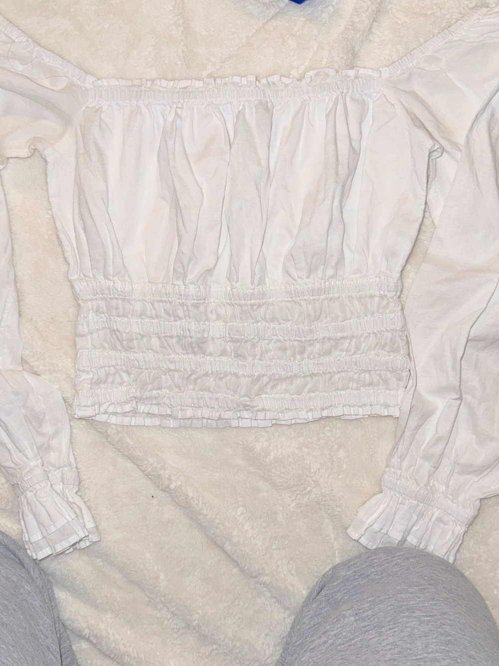 With Jean White Off-Shoulder Smocked Waist Blouse